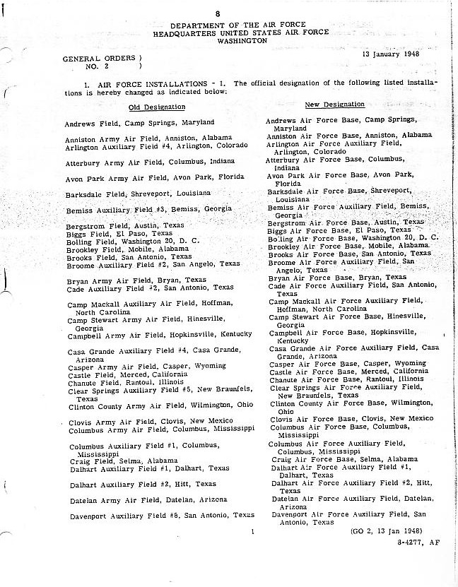 Page 1 of Department of the Air Force General Order 2 dated January 13, 1948.