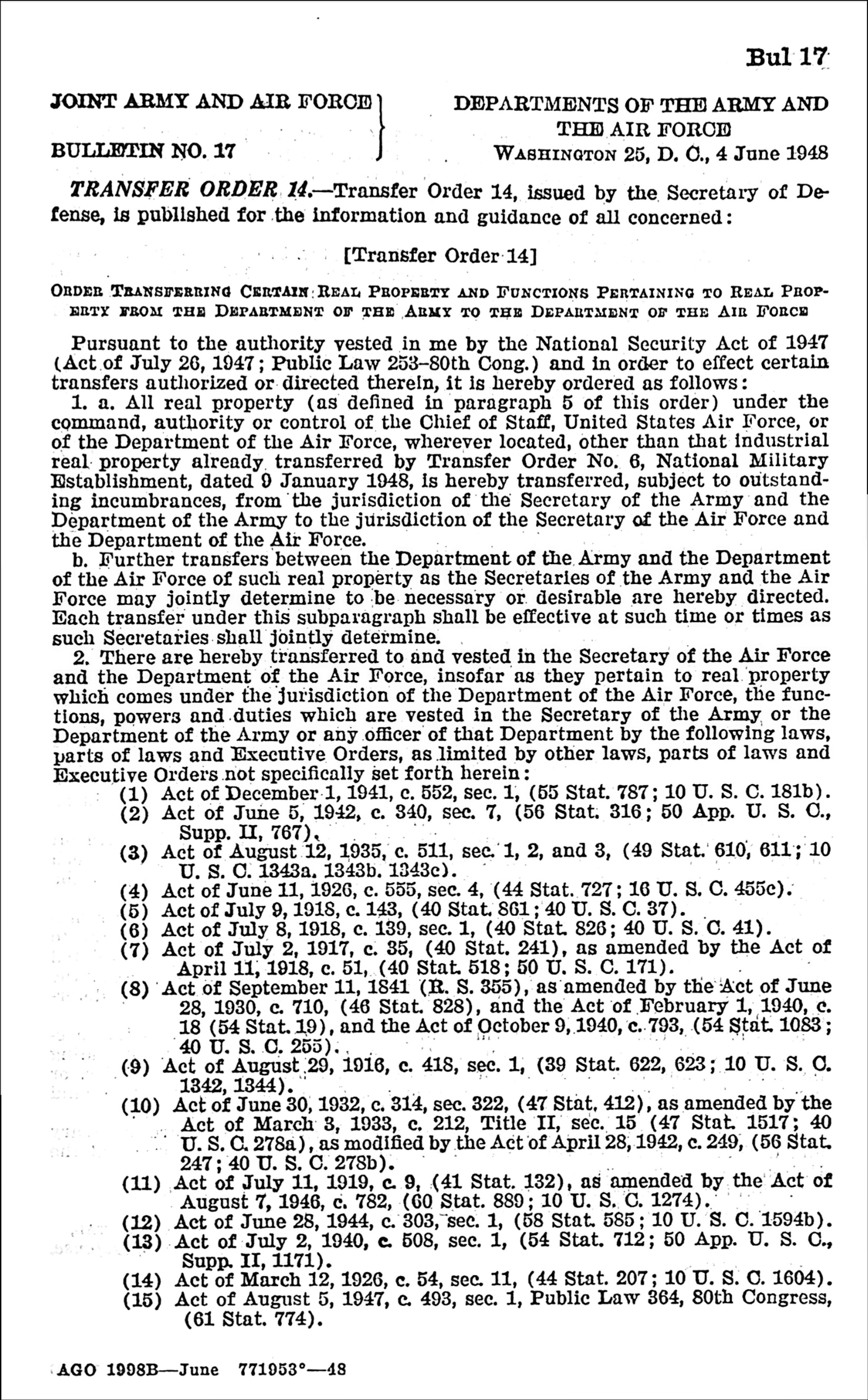 Page 1 of the Joint Army and Air Force Bulletin No. 17, Transfer Order 14.