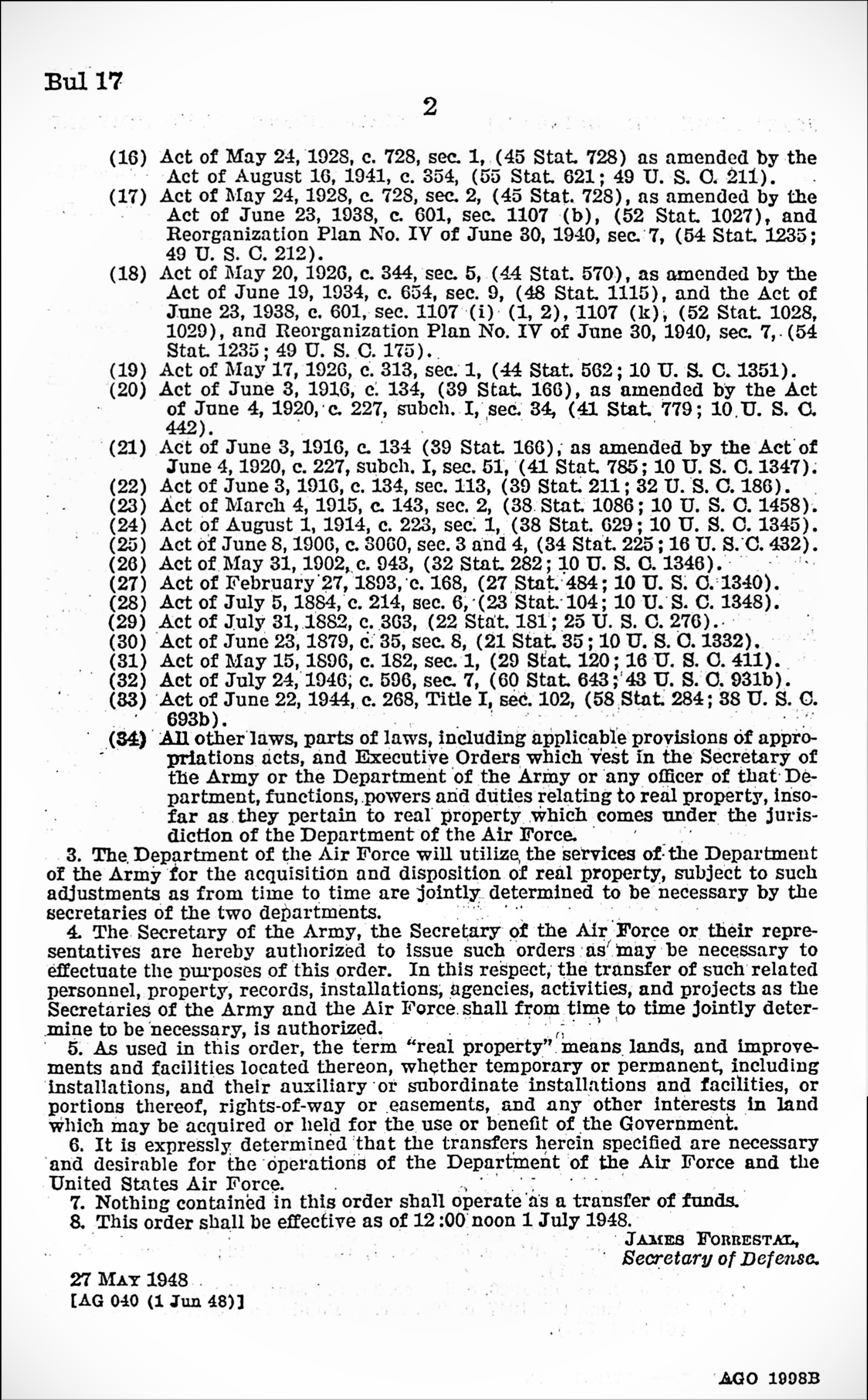 Page 2 of the Joint Army and Air Force Bulletin No. 17, Transfer Order 14.