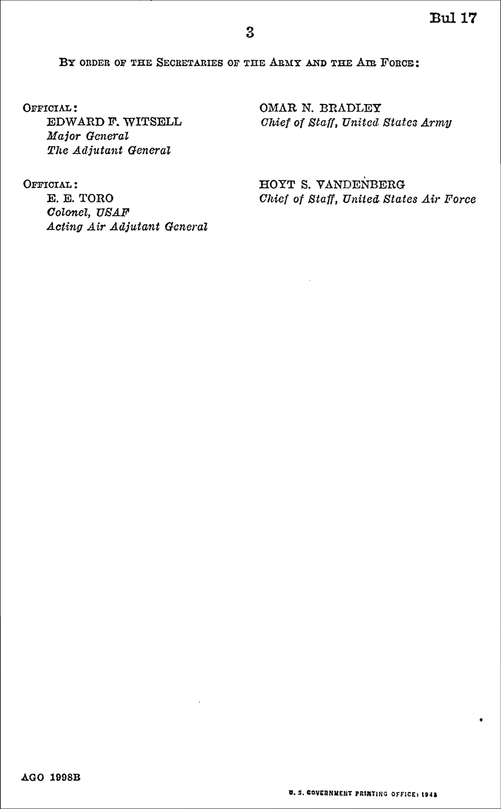 Page 3 of the Joint Army and Air Force Bulletin No. 17, Transfer Order 14.